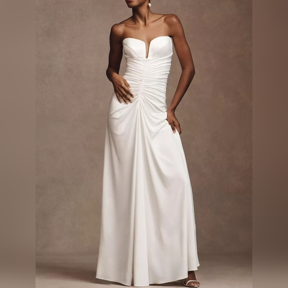 BHLDN Women's Simone Strapless Bustier Ruched Wedding Gown, Ivory, Size 8 - Picture 1 of 16